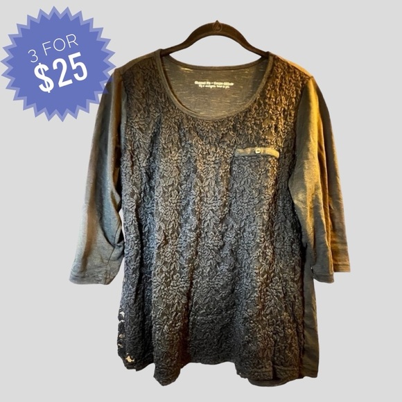 Sale Women’s Top L Black Floral Embroidered Lace 3/4 Length Sleeves - Picture 1 of 11